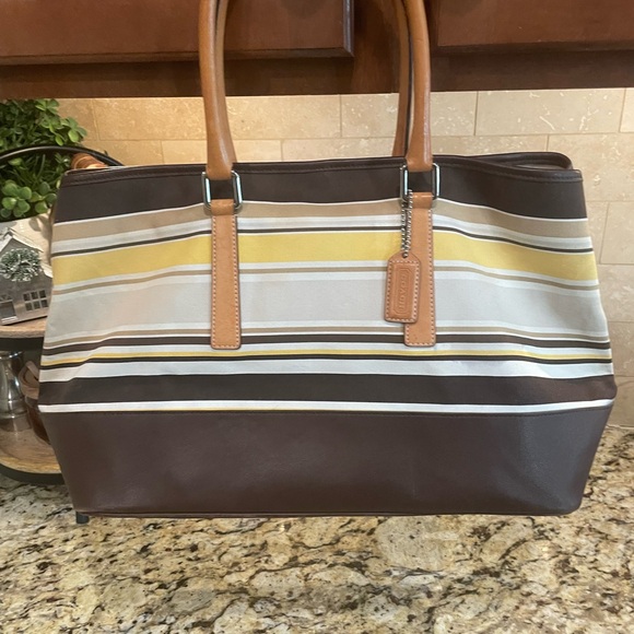Coach Handbags - Coach Leather Canvas Striped Brown Yellow & Tan Satchel Bag